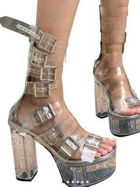 New Dolls Kill Poster Girl Level Up Clear Platform Buckle Heels.